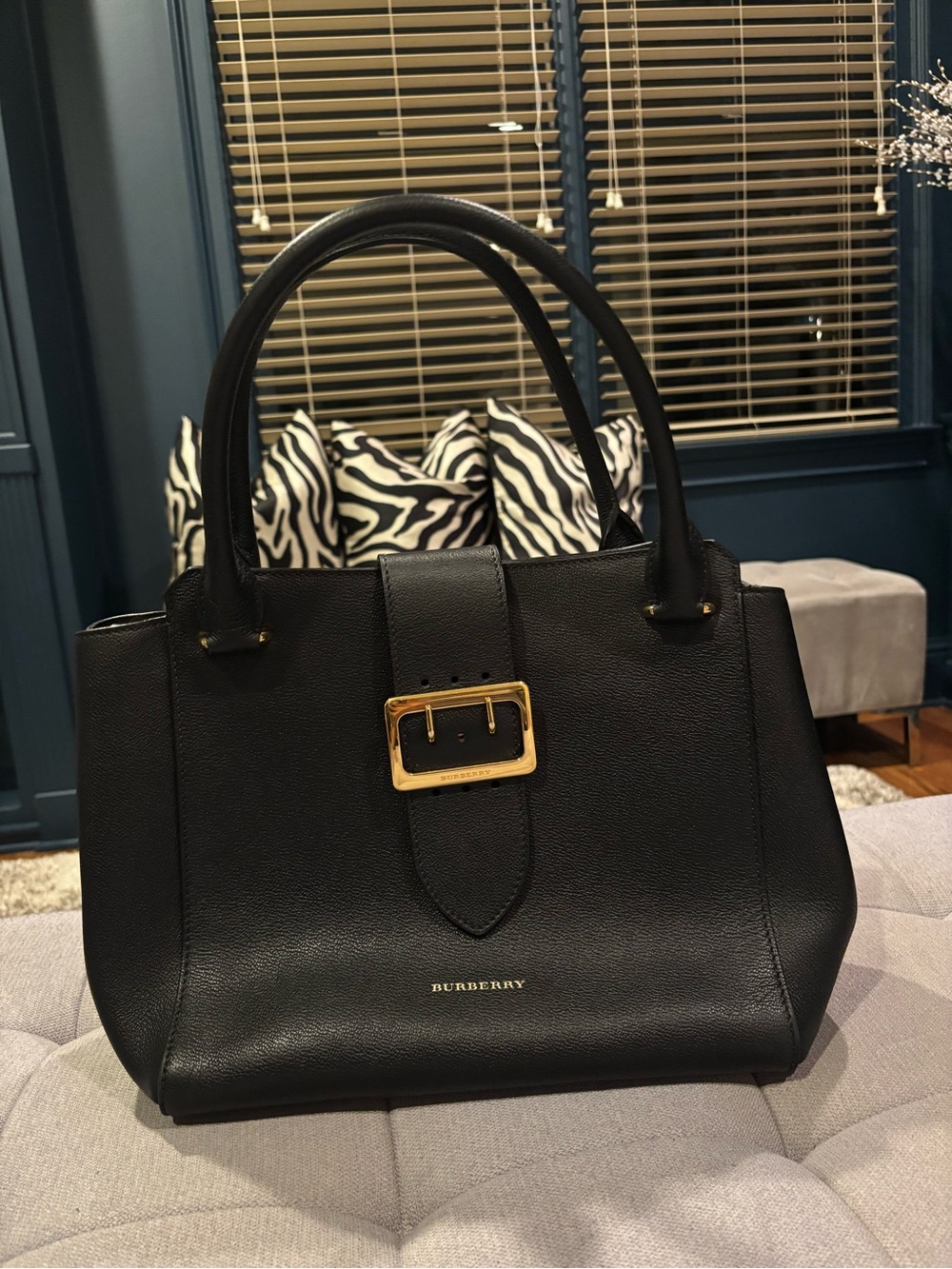 Burberry Black Leather Satchel with Gold Buckle Detail